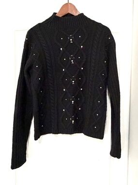 Donna Karan New York Black Cable Knit Embellished Pearl Sweater Size M